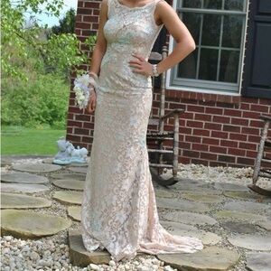 Jovani Elegant Lace Gown in Cream and Silver